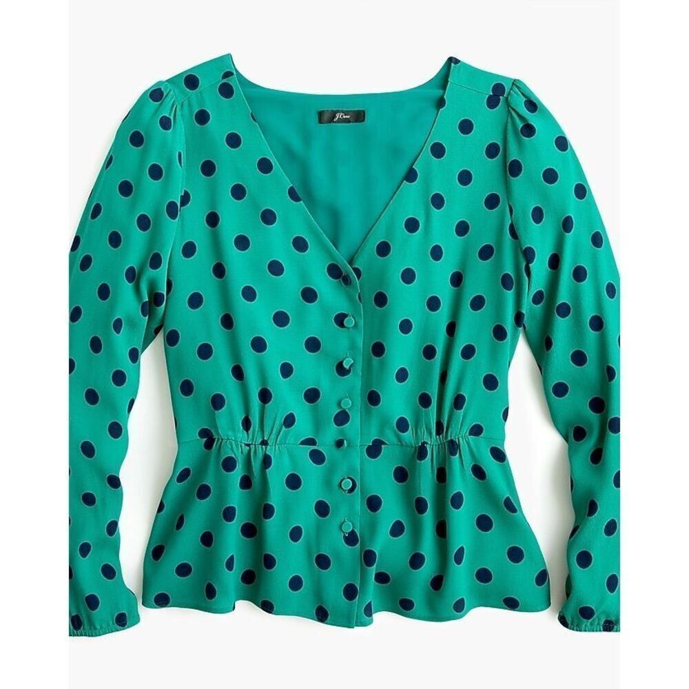 J Crew Blouse Top Long sleeve peplum v neck crepe polka dot Green Blue size 6
